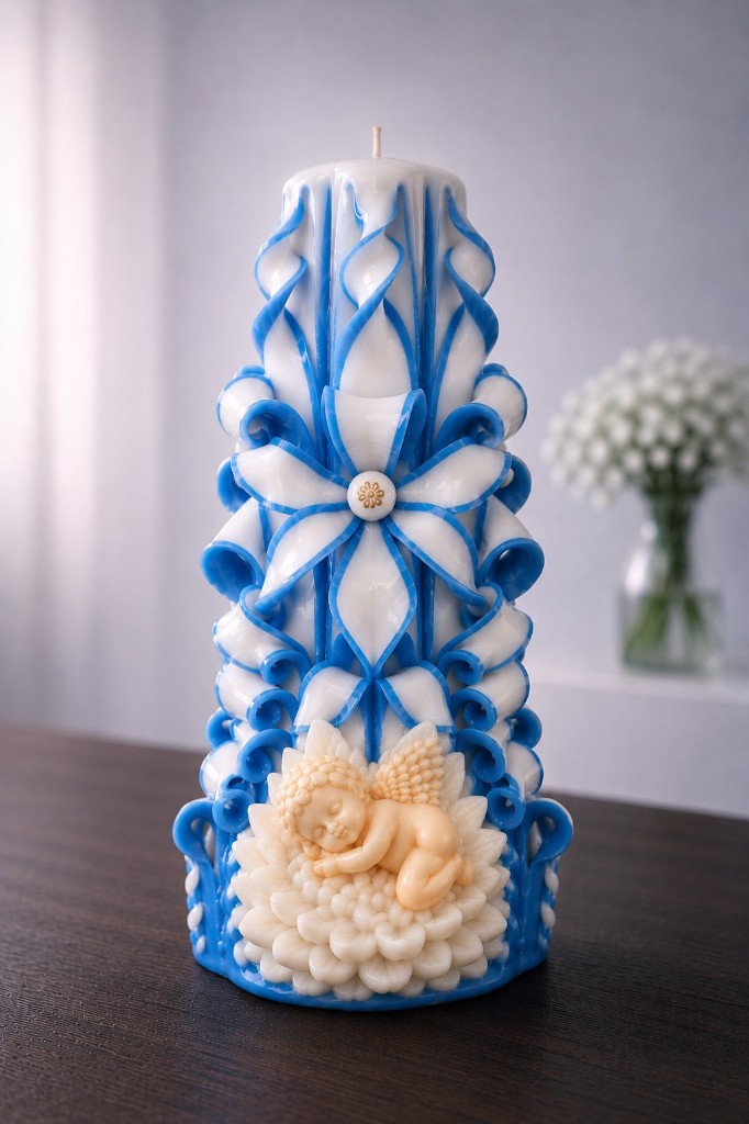 Blue and cream handmade carved candle with angel detail