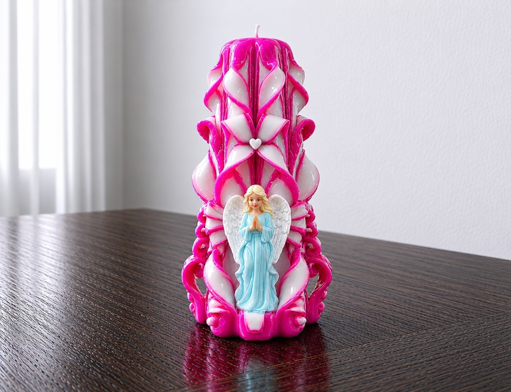 Pink carved candle with blue angel figure