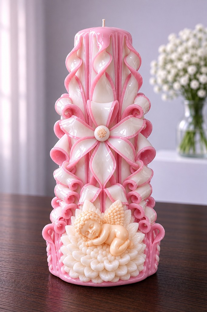 Pink and cream baby angel carved candle