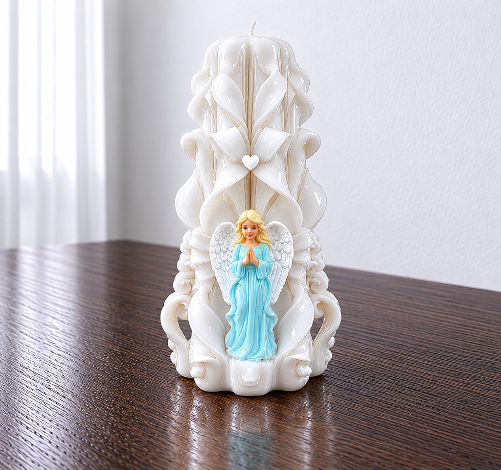 White carved candle with blue angel figure
