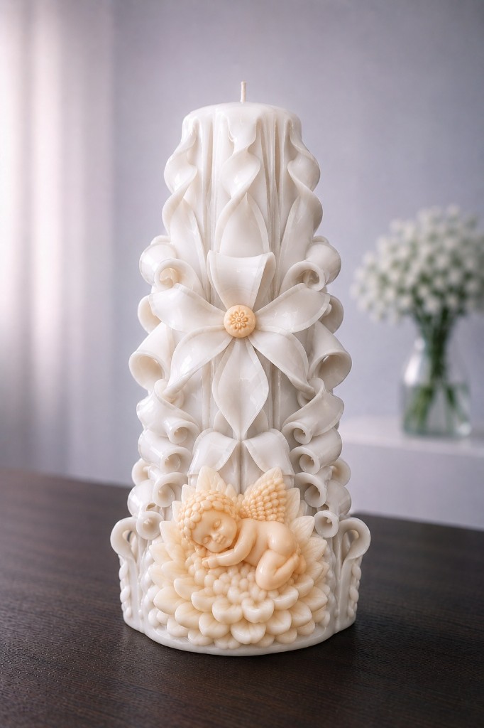 White and cream baby angel carved candle